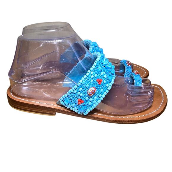 Excellent Condition Mystique Turquoise Beaded Leather Sandals Suede Lining Sz 7 - Picture 3 of 9